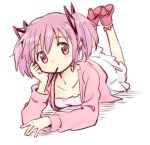  1girl blush kaname_madoka kannari looking_at_viewer mahou_shoujo_madoka_magica mouth_hold pink_eyes pink_hair pocky short_hair short_twintails simple_background solo twintails white_background 