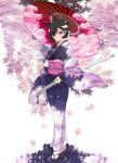  1girl animal_ears black_hair brown_eyes cherry_blossoms geta headband japanese_clothes katana kimono obi oriental_umbrella pixiv_fantasia_fallen_kings r_n_(kisaragiyurii) sash sheath sheathed short_hair solo standing sword tabi tree umbrella water weapon 