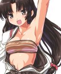  1girl arm_up armpits black_hair brown_eyes bust dd_(ijigendd) kantai_collection long_hair navel off_shoulder open_mouth shouhou_(kantai_collection) smile solo tubetop very_long_hair 