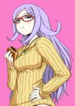  1girl :t aila_jyrkiainen bespectacled blush breasts eating glasses gundam gundam_build_fighters hand_on_hip jewelry long_hair looking_down necklace pink_background red-framed_glasses ribbed_sweater sakaki_imasato silver_hair simple_background solo sweater violet_eyes 