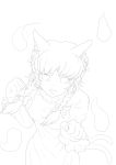  1girl absurdres animal_ears bow braid cat_ears cat_tail clenched_hand dress fang greyscale hair_bow highres kaenbyou_rin koshi_(koshi_vortex) looking_at_viewer monochrome multiple_tails nekomata open_mouth short_hair sketch solo tail touhou twin_braids two_tails 