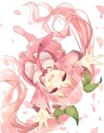  1girl arms_up blush from_above hatsune_miku long_hair looking_up necktie open_mouth outstretched_arms petals pink_eyes pink_hair sakura_miku skirt solo twintails very_long_hair vocaloid white_background yuzumochi 