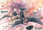  1girl beads chihiro_(kemonomichi) cover cover_page dagger eyelashes gradient_hair hijiri_byakuren layered_dress lips long_hair multicolored_hair parted_lips petals prayer_beads purple_hair red_eyes solo touhou traditional_media vajra_(object) very_long_hair watercolor_(medium) weapon wind 