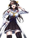  1girl ahoge brown_hair detached_sleeves hand_on_hip headgear highres kantai_collection kongou_(kantai_collection) long_hair looking_at_viewer nontraditional_miko open_mouth personification solo thighhighs uu_uu_zan v white_background 