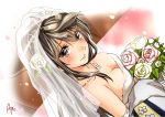  1girl abo_(hechouchou) arm_hug black_hair bouquet breasts brown_eyes cleavage dress flower from_above haruna_(kantai_collection) kantai_collection looking_at_viewer personification pov solo_focus veil wedding_dress 