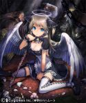  1girl angel_wings bell blue_eyes book bow breasts brown_hair chain cleavage frown hair_bow halo maid mary_janes matsushita_mino mop official_art petals shingeki_no_bahamut shoes sitting solo thighhighs two_side_up wariza wings zettai_ryouiki 
