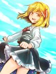  1girl blonde_hair blush bow from_side hair_bow open_mouth red_eyes rumia shirane_koitsu skirt skirt_lift sky solo touhou 