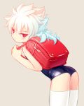  1boy ass backpack bag bent_over blue_hair blush crossdressinging hakuryuu_(inazuma_eleven) inazuma_eleven_(series) inazuma_eleven_go long_hair looking_at_viewer looking_back male multicolored_hair nalse ponytail randoseru red_eyes school_swimsuit simple_background solo swimsuit thighhighs two-tone_hair white_hair young 