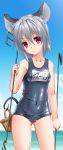 1girl absurdres animal_ears bare_shoulders basket breasts byeontae_jagga clothed_navel clouds dowsing_rod highres horizon mouse_ears name_tag nazrin ocean prehensile_tail red_eyes school_swimsuit short_hair silver_hair sky solo swimsuit tail touhou wet