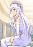  1girl aila_jyrkiainen bare_shoulders blush breasts dress eating elbow_gloves food fur_trim gloves gundam gundam_build_fighters hat inu_(aerodog) long_hair nikuman no_legwear silver_hair sitting solo thigh-highs violet_eyes 