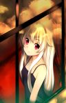  1girl blonde_hair camisole clouds dusk fang highres kiyomin long_hair original red_eyes reflection sky solo vampire window 