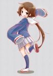  1girl blush brown_eyes brown_hair grey_background highres long_hair looking_at_viewer mikakunin_de_shinkoukei mitsumine_mashiro open_mouth school_uniform sekiyu. skirt sleeves_past_wrists socks solo standing_on_one_leg 