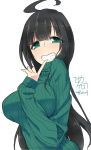  1girl ahoge black_hair breasts bust finger_to_mouth green_eyes grin inaka_keikou large_breasts long_hair original ribbed_sweater smile solo sweater turtleneck very_long_hair 