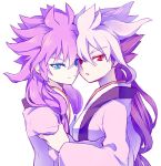  2boys amemiya_taiyou amemiya_taiyou_(mixi_max_zhuge_kongming) blue_eyes chinese_clothes hakuryuu_(inazuma_eleven) hakuryuu_(mixi_max_zhuge_kongming) hanfu inazuma_eleven_(series) inazuma_eleven_go inazuma_eleven_go_chrono_stone long_hair male multicolored_hair multiple_boys nalse purple_hair red_eyes simple_background two-tone_hair white_background 