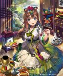  1girl blue_eyes blush brown_hair character_request chinese_clothes dress flower food hanbok hanfu happy long_hair looking_at_viewer open_mouth shingeki_no_bahamut smile tob traditional_clothes 