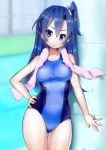  1girl blue_eyes blue_hair competition_swimsuit highres kazanari_tsubasa long_hair one-piece_swimsuit senki_zesshou_symphogear side_ponytail swimsuit tamatama_(nekokalpis) towel 