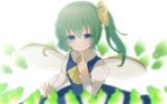 1girl aoi_(annbi) blue_eyes blush bow daiyousei dress fairy_wings green_hair hair_bow long_hair looking_at_viewer side_ponytail smile solo touhou wings 