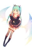  1girl blue_eyes boots garter_straps green_hair hatsune_miku knee_boots long_hair looking_at_viewer lp_(hamasa00) solo thighhighs twintails vocaloid white_background 