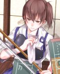  1girl blush bow_(weapon) breasts brown_eyes brown_hair cleaning flight_deck japanese_clothes kaga_(kantai_collection) kantai_collection muneate personification short_hair side_ponytail sitting skirt sliding_doors solo weapon 