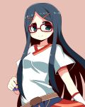  1girl character_request glasses hair_ornament hairclip highres long_hair simple_background smile solo tenjou_nanaki very_long_hair 