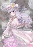  1girl blush bowtie capelet circle cloak clothes_grab crescent_moon dress embellished_costume floating_hair frills grey_background hat light_smile long_hair moon nail_polish patchouli_knowledge purple_hair sample solo striped striped_dress touhou vertical_stripes violet_eyes wacolor wide_sleeves 