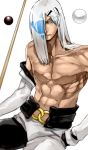  1boy abs blue_eyes cue_ball cue_stick dark_skin detached_sleeves guilty_gear hair_ornament hair_over_one_eye hairclip laio long_hair shirtless solo venom_(guilty_gear) white_hair 