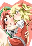  2girls :&lt;&gt; arms_around_neck blonde_hair blue_eyes blush bow carrying cheek-to-cheek crystal dress flandre_scarlet green_clothes hair_between_eyes hand_on_another&#039;s_thigh hat heart heart_background hong_meiling hug long_hair looking_at_another multiple_girls naodx princess_carry red_dress red_eyes redhead ribbon short_hair side_ponytail skirt skirt_set slit_pupils star thigh-highs touhou wings 