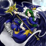  1girl 510ksk breasts chain crescent demon_wings dress full_moon ghost_tail glint green_eyes green_hair hat long_hair long_sleeves looking_at_viewer mima moon night parted_lips sky solo staff star star_(sky) starry_sky sun_(symbol) touhou touhou_(pc-98) wings wizard_hat 