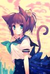  1girl animal_ears bell blue_eyes blue_skirt blush brown_hair cat_ears cat_tail highres long_skirt looking_at_viewer original ponytail puffy_sleeves reia shirt short_sleeves skirt smile solo tail white_shirt 