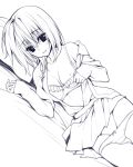  1girl blush bra breasts dutch_angle lineart lying monochrome mound_of_venus on_side open_clothes open_shirt original oryou panties panty_pull pillow skirt solo underwear 