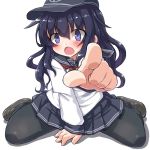  1girl akatsuki_(kantai_collection) black_hair blue_eyes blush dd_(ijigendd) hat kantai_collection loafers looking_at_viewer neckerchief open_mouth pantyhose personification pov_pointing school_uniform serafuku shoes sitting skirt solo wariza 
