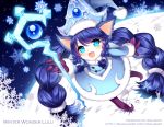  1girl alternate_costume alternate_hair_color alternate_hairstyle blue_dress blue_eyes blue_hair blush braid dress fangs gloves hat league_of_legends long_hair long_sleeves lulu_(league_of_legends) opalheart open_mouth smile snowflakes solo staff twin_braids winter_clothes 