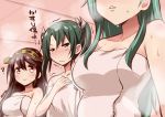  3girls ? absurdres black_hair blush breast_envy breasts green_eyes green_hair haruna_(kantai_collection) head_out_of_frame headgear highres kantai_collection long_hair multiple_girls naked_towel personification ryukz suzuya_(kantai_collection) sweat towel zuikaku_(kantai_collection) 