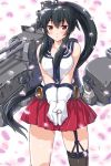  1girl :&lt; backpack bag black_hair cannon dd_(ijigendd) kantai_collection payot personification ponytail red_eyes single_thighhigh skirt solo thighhighs yahagi_(kantai_collection) 