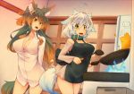  2girls ahoge animal_ears apron bare_shoulders breasts brown_hair cleavage cooking dress_shirt gradient_hair green_eyes kuromiya kuromiya_raika long_hair multicolored_hair multiple_girls original shiromiya_asuka shirt short_hair tail white_hair 