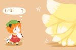  2girls :&lt; ? animal_ears blush bob_cut cat_ears cat_tail chen commentary_request counting dress faux_traditional_media finger_to_mouth fox_tail green_hat long_sleeves m_(pixiv4878872) multiple_girls multiple_tails nekomata orange_hair panda plush red_dress short_hair simple_background skirt stuffed_animal stuffed_toy tail touhou yakumo_ran 