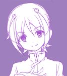  1boy bust face hair_ornament inazuma_eleven_(series) inazuma_eleven_go looking_at_viewer lowres male monochrome nalse purple purple_background short_hair shuu_(inazuma_eleven) simple_background smile solo 