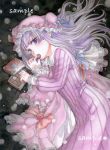  1girl bangs blunt_bangs bow chocolate cloak dress eating embellished_costume frilled_dress frills gem hair_ribbon heart lace long_hair looking_at_viewer lying patchouli_knowledge purple_dress purple_hair ribbon sample solo striped striped_dress touhou traditional_media tress_ribbon vertical_stripes violet_eyes wacolor watercolor_(medium) 