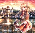  1girl backpack bag blonde_hair castle clouds dress hair_ornament highres leaf long_hair moon original pointy_ears pouch red_eyes rudia sky two_side_up vial water 