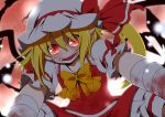  1girl bandages blonde_hair blood blush eichi_yuu fangs flandre_scarlet hat looking_at_viewer open_mouth pointy_ears red_eyes side_ponytail slit_pupils smile solo touhou vampire wings 
