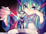  2girls ^_^ angry blue_eyes closed_eyes detached_sleeves dual_persona green_hair hatsune_miku long_hair minigirl multiple_girls nail_polish necktie oniyama831 open_mouth sitting skirt spoon thighhighs twintails vocaloid 