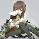  1girl bike_shorts black_legwear blush brown_eyes brown_hair headband headgear kantai_collection looking_at_viewer orda personification short_hair skirt solo stuffed_animal stuffed_toy taihou_(kantai_collection) teddy_bear thighhighs 