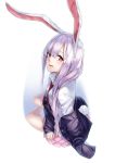  1girl animal_ears arm_support blazer bunny_tail kyon_(fuuran) long_hair looking_at_viewer partially_undressed purple_hair rabbit_ears red_eyes reisen_udongein_inaba sitting skirt solo tail touhou 