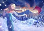  1girl bare_shoulders blue_dress blue_eyes braid cape clouds dress elsa_(frozen) evening forest frozen_(disney) glitter looking_back mountain nature parted_lips silversirius snow snowflakes solo tree white_hair wind 