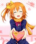  1girl blush closed_eyes heart karamoneeze kousaka_honoka love_live!_school_idol_project open_mouth orange_hair scarf smile solo valentine 