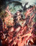  1girl anbe_yoshirou bare_shoulders black_dress boots burning detached_sleeves dragon dress fire greaves hair_ornament highres huge_weapon red_eyes side_slit silver_hair solo sword thigh-highs thigh_boots watermark weapon 