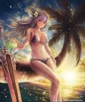  1girl anbe_yoshirou bikini black_hair breasts brown_eyes cleavage flower hair_flower hair_ornament highres lens_flare light_smile long_hair navel o-ring_bottom palm_tree purple_hair solo string_bikini swimsuit sword tree wading watermark weapon wet 