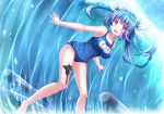  1girl blue_hair breasts hair_ornament hair_ribbon highres i-19_(kantai_collection) kantai_collection kazenokaze long_hair name_tag personification red_eyes ribbon school_swimsuit solo star star-shaped_pupils surfing swimsuit symbol-shaped_pupils torpedo twintails waves 