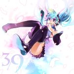  1girl 39 aqua_eyes aqua_hair falling hatsune_miku highres long_hair necktie panties petals solo thigh_boots thighhighs twintails underwear vocaloid yamako_(artist) 