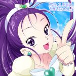 1girl arm_warmers blue_background bow character_name cure_egret earrings futari_wa_precure_splash_star index_finger_raised jewelry long_hair magical_girl mishou_mai ponytail precure purple_hair ribbon smile solo violet_eyes yoshimune 